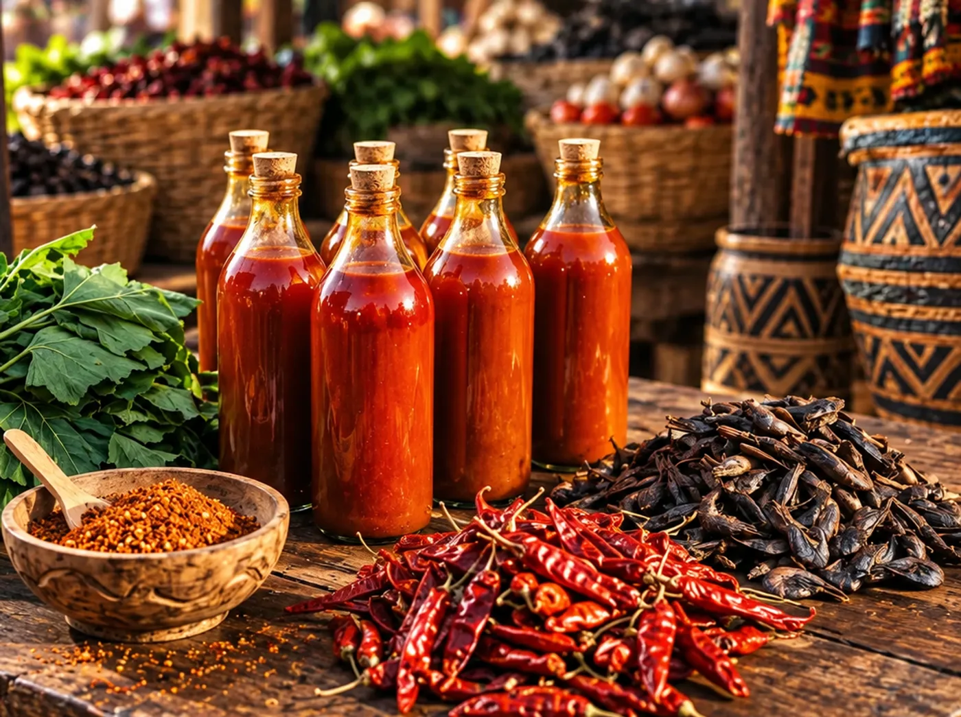 Palm oil, pepper sauce, dried chillies, crayfish and green leaves arranged on a market table