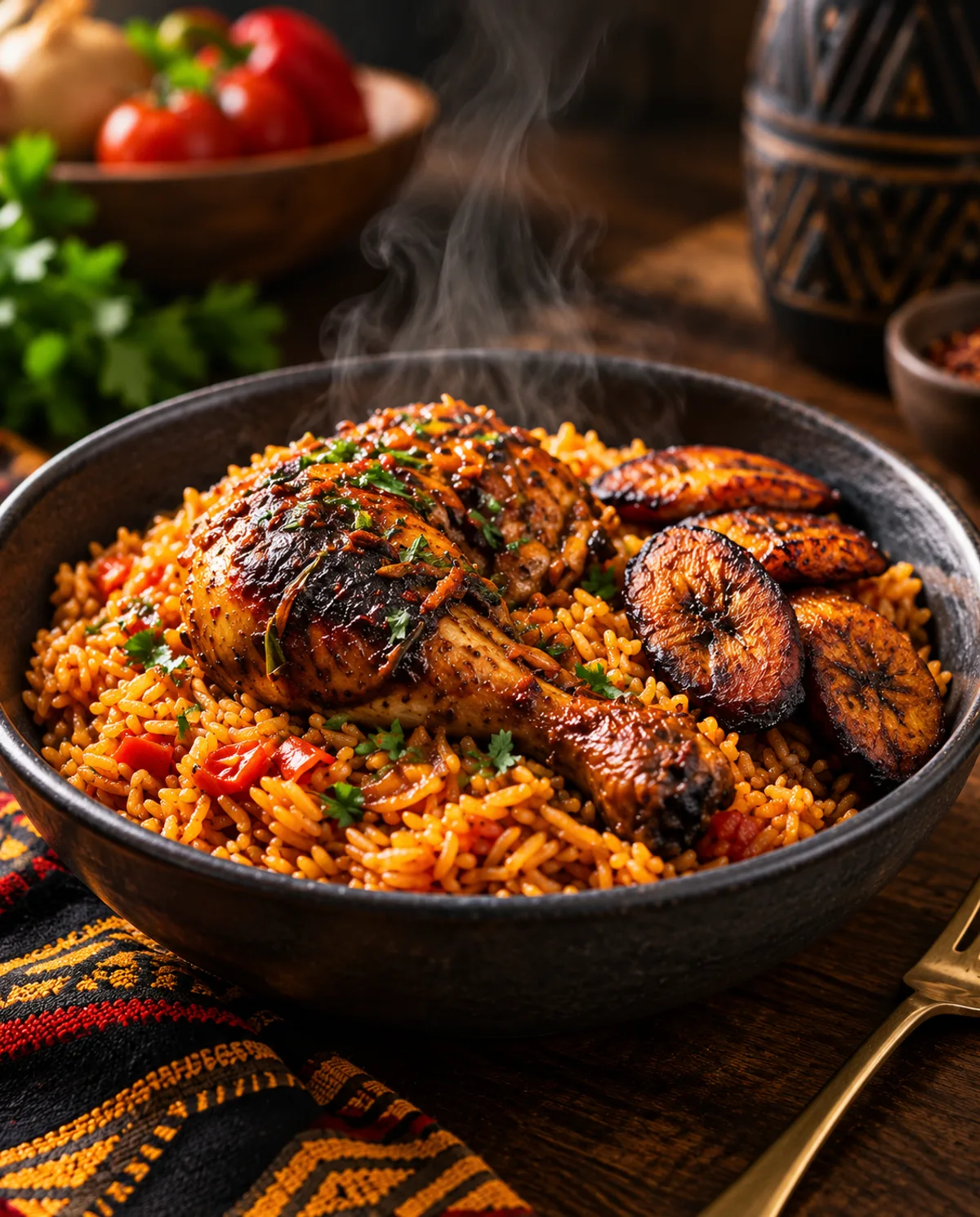 A bowl of jollof rice with braised chicken and fried plantain, steaming