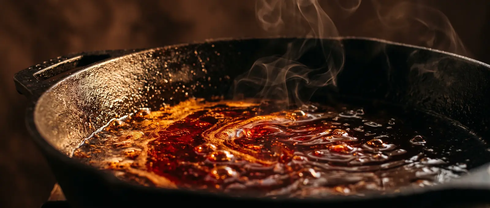 Palm oil and sauce simmering in a cast-iron pan